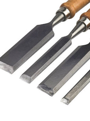 Four chisels of various widths lying on a white background